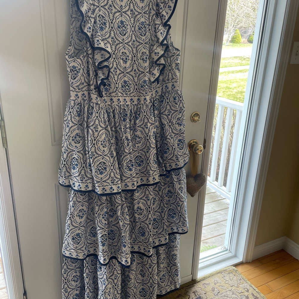 H&M White Maxi Dress with Blue Print and Ruffle Trim